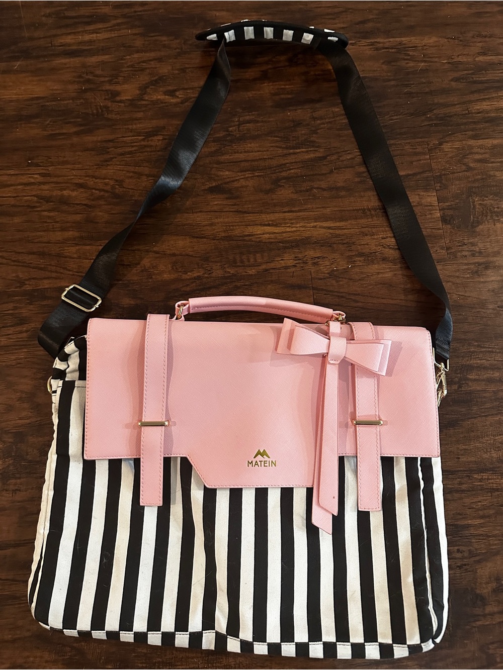 Pink Bow-Accent Striped Satchel Bag for Women